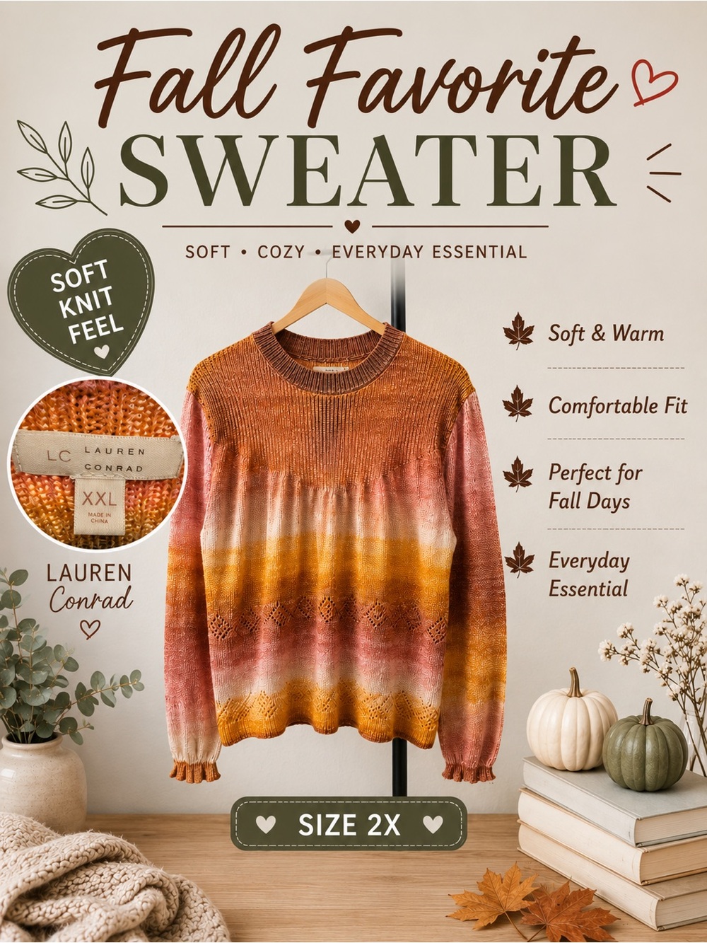 LC Lauren Conrad Ombre Crewneck Sweater in Rust, Gold, Pink
